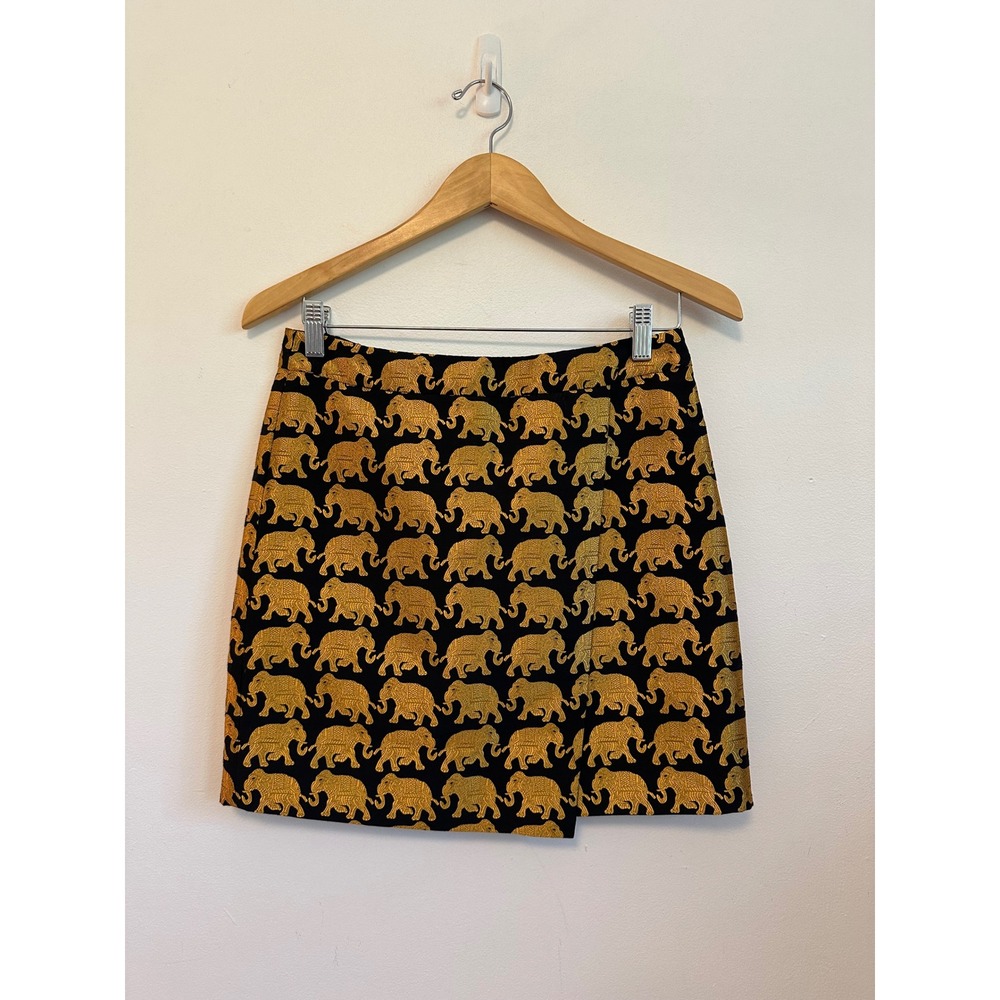 J. Crew Navy and Gold Elephant Jacquard Wrap Mini Skirt | Size 0